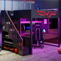 Letto a soppalco da gioco completo con scrivania e luci LED, letto a soppalco alto in legno a una piazza e mezza con scala e scala portaoggetti e USB, rosso+nero