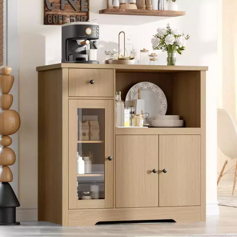 Mobiletto da cucina per microonde con contenitore, con 3 ante, 1 cassetto e ripiani regolabili, mobiletto dispensa