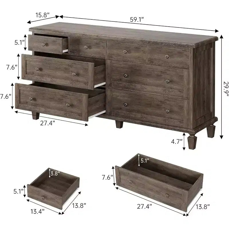 Comò a 8 cassetti per camera da letto, mobile TV vintage da 150 cm con maniglie intagliate e gambe affusolate, cassettiera in legno con grande capacità di archiviazione