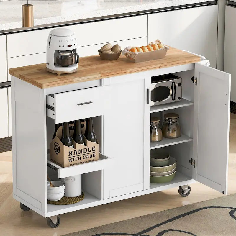 Isola da cucina con piano pieghevole, carrello da cucina con ripiano estraibile, portasciugamani e cassetto, ruote girevoli