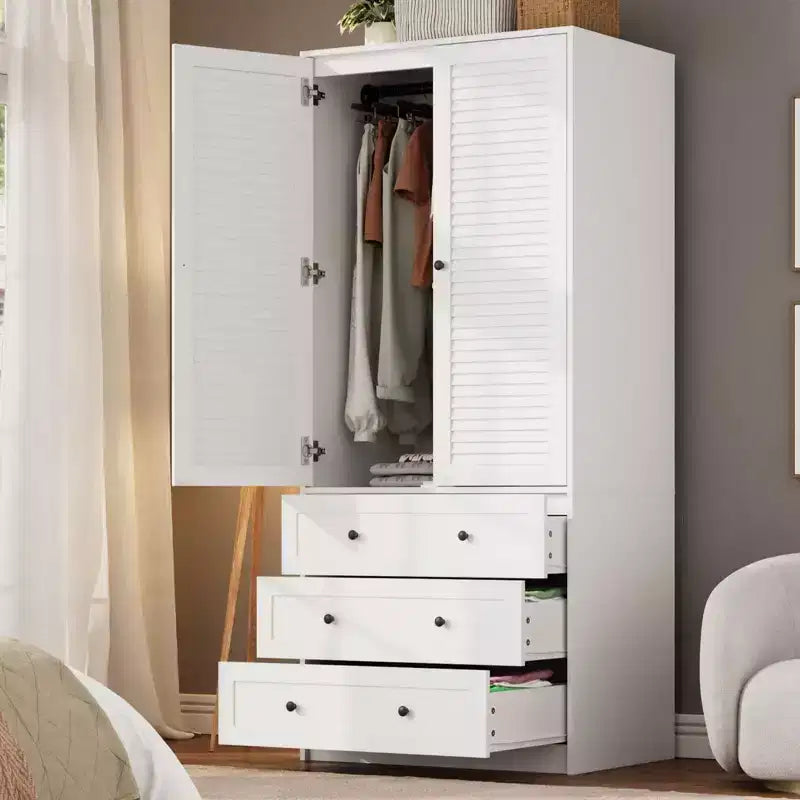 COZONY Armoire penderie avec 3 tiroirs et 2 portes, Placard de rangement moderne en bois pour chambre à coucher, Armoire sur pied blanche robuste