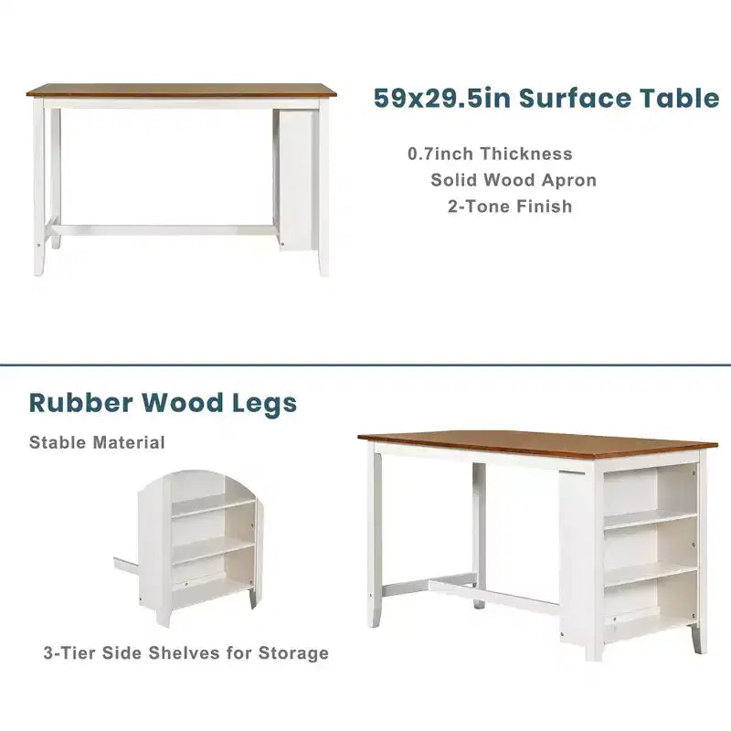 Set da pranzo Homy Casa 5 pezzi, tavolo e sedie altezza bancone con mensole, bianco e noce, stile moderno rustico