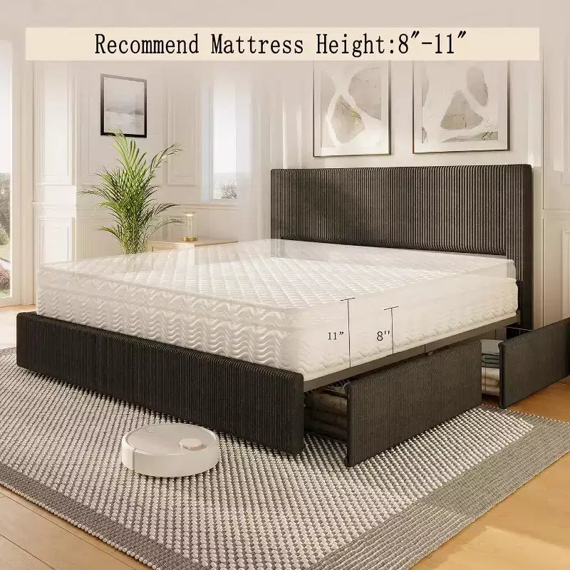 CuisinSmart - Struttura letto in velluto a coste con testiera, struttura letto imbottita con piattaforma con 4 cassetti portaoggetti e supporto a doghe in legno