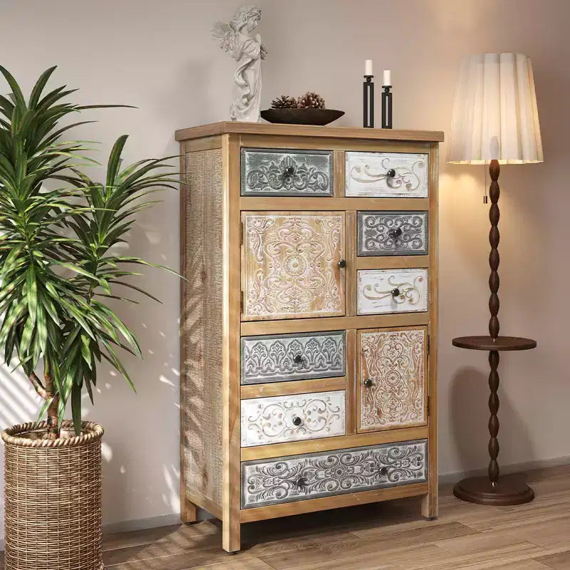 Commode d'appoint vintage en bois avec 6 tiroirs et 2 placards, commode de rangement sculptée multicolore rustique pour salon