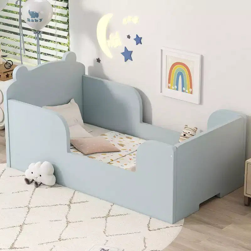 Letto a terra a forma di orso Okak per bambini dai 3 ai 6 anni, telaio per lettino con sponda di sicurezza, grazioso letto per bambini a forma di animale