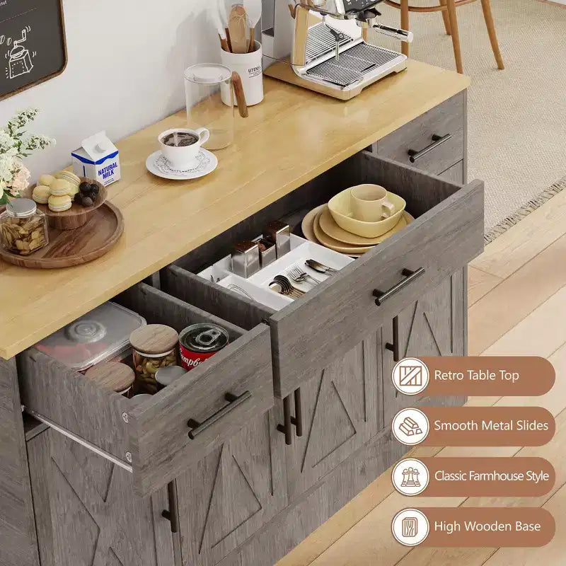 Mobile Buffet Celebalcony con Contenitore, Grande Mobile Contenitore da Cucina da 53,4 pollici con 3 Cassetti e 4 Ante, Ripiano Regolabile per Cucina, Soggiorno