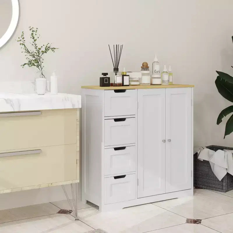 Mobiletto da Bagno HOMCOM con Ripiano Regolabile, Armadietto da Bagno Indipendente con 4 Cassetti e 2 Ante, Bianco