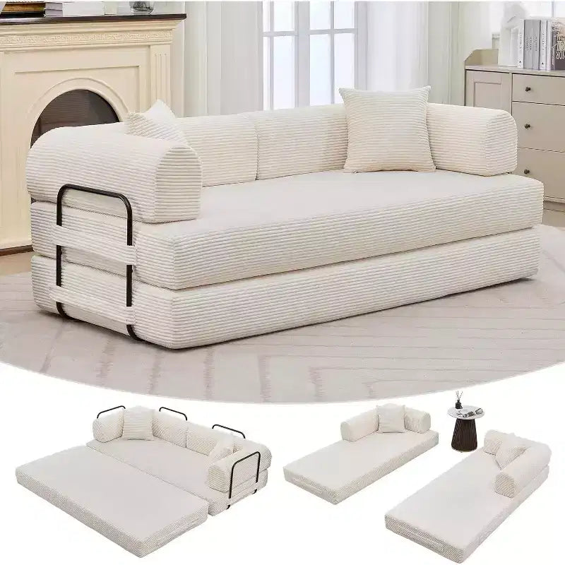 Divano letto convertibile 4-in-1, materasso pieghevole senza telaio in velluto a coste da 79 pollici con cuscino, divanetto senza montaggio per piccoli appartamenti