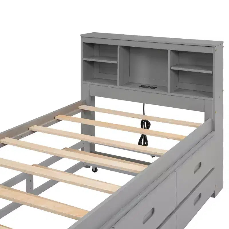 Letto a piattaforma con letto estraibile e cassetti, Letto a piattaforma contenitore con USB, Letto a piattaforma in legno con libreria