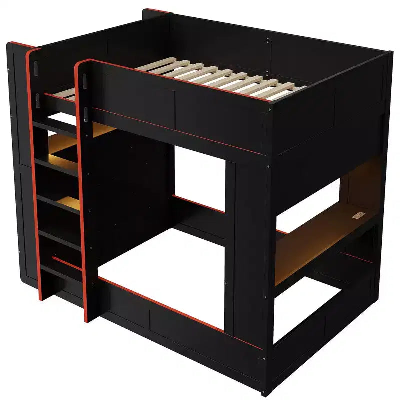 Letto a castello da gaming in legno a grandezza naturale con scrivania integrata, mensole, luci LED a 7 colori e stazione di ricarica, nero - ModernLuxe