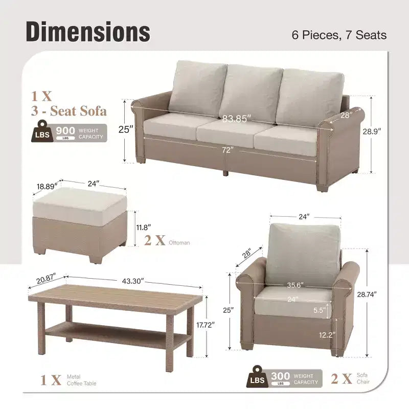 Captiva Designs Set Divano da Conversazione da Esterno di Lusso in Vimini a 6 Pezzi con Braccioli Curvi e Cuscini