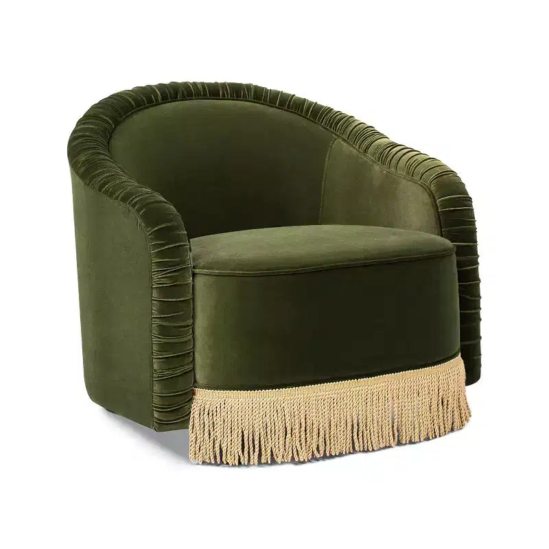 Poltrona Jennifer Taylor Home Serena 31,5" con schienale a botte arricciato e frange Bullion, velluto performance verde oliva