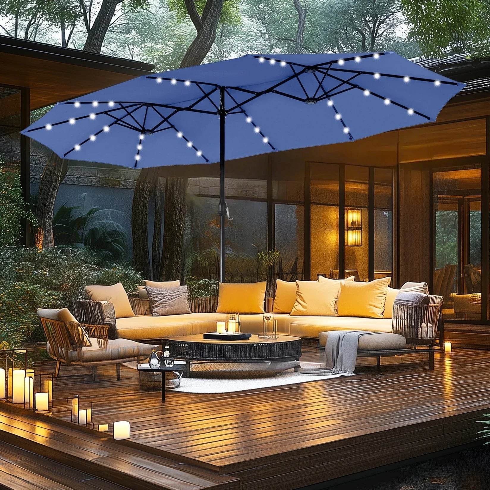 MAISON ARTS Ombrellone rettangolare da esterno a manovella con doppia falda da 4,5 metri, con luci a LED solari e base inclusa