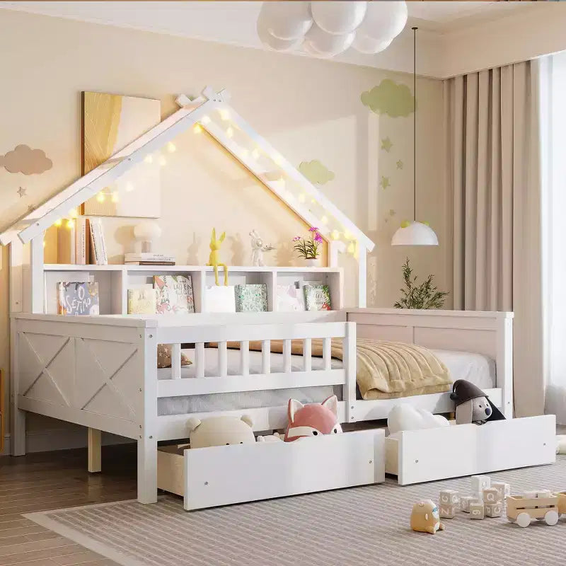 Struttura letto a casetta a grandezza naturale con cassetti, letto a piattaforma a casetta con luci LED, mensole e cassetti portaoggetti, divano letto in legno con tetto e sponda