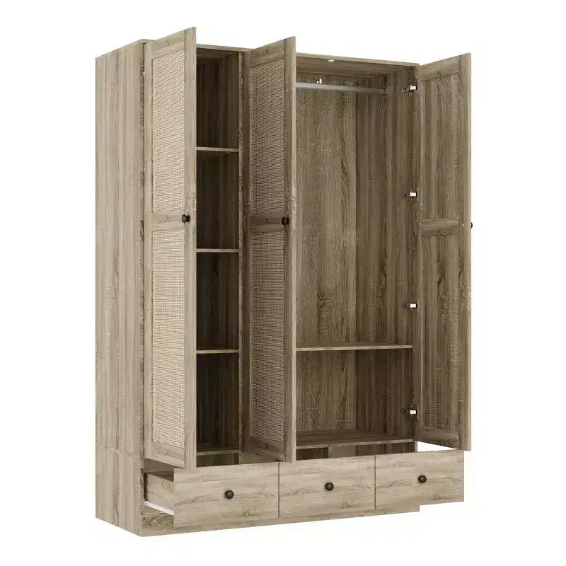Famapy Armadio in Rattan con 3 Cassetti, Armadio con 3 Ante Traspiranti in Rattan, Armadio Alto in Stile Rustico per Camera da Letto