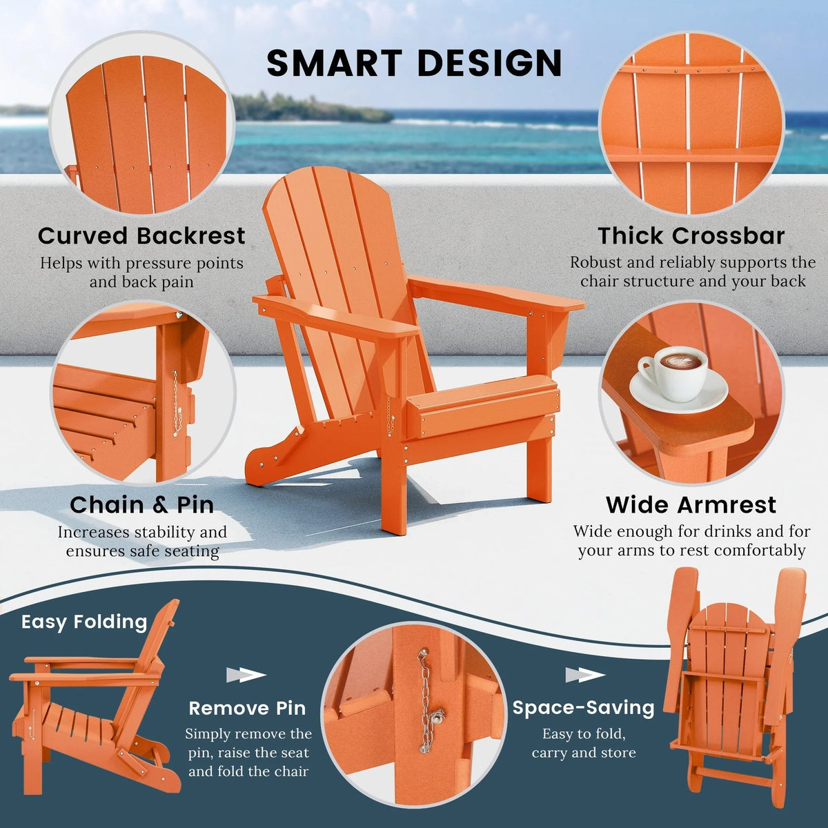 Polytrends Laguna Sedia Adirondack Pieghevole da Esterno per Patio Resistente allo Sbiadimento e alle Intemperie