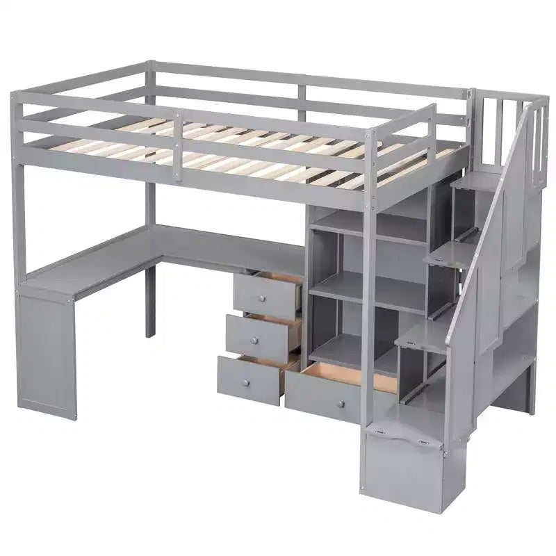 Letto a soppalco singolo con scrivania a L, 3 cassetti, armadio, contenitore per scale, struttura in pino massiccio/MDF