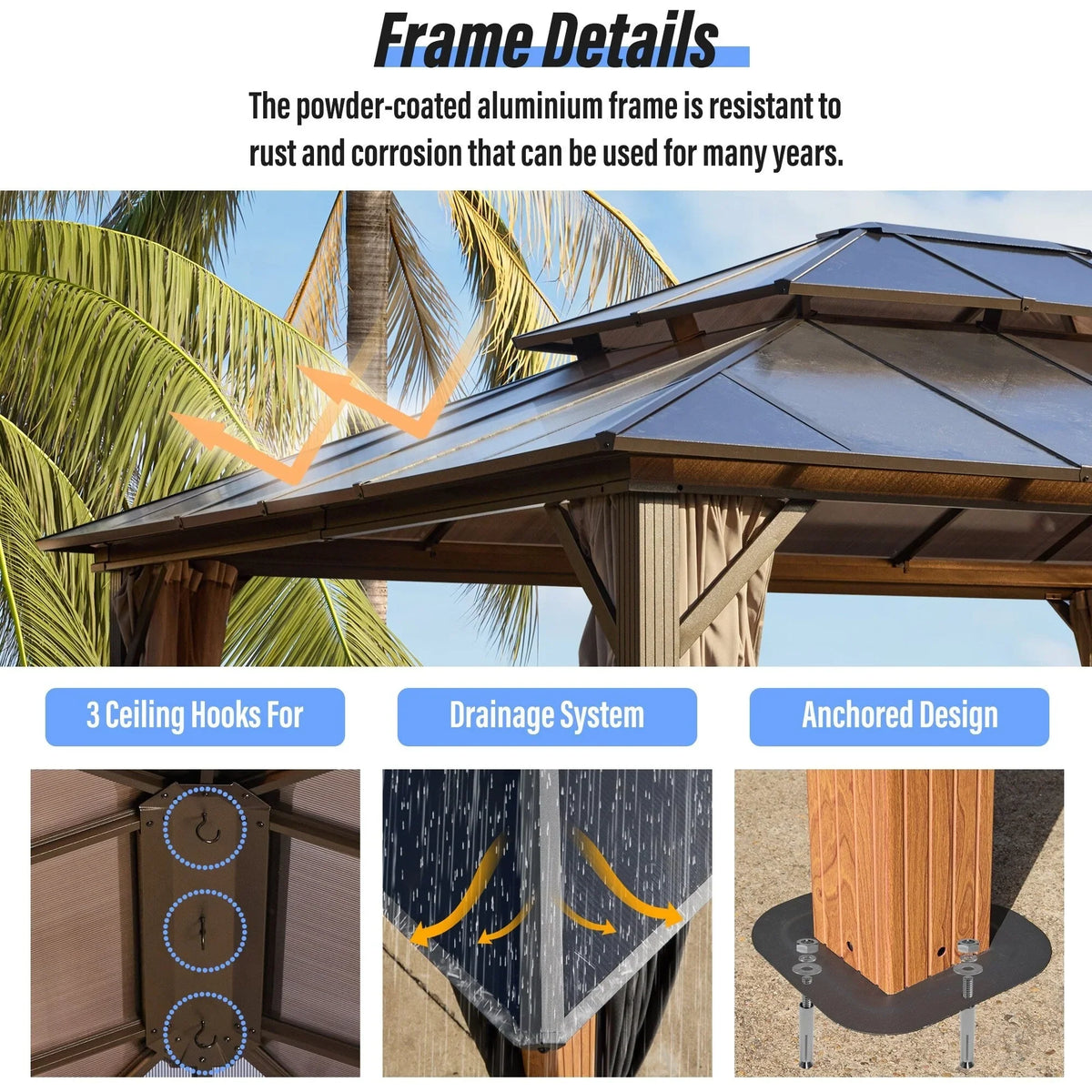 EROMMY Gazebo a tetto rigido, Pergola da esterno con doppio tetto, zanzariere e tende, Tenda da sole resistente per patio, cortile, feste in piscina