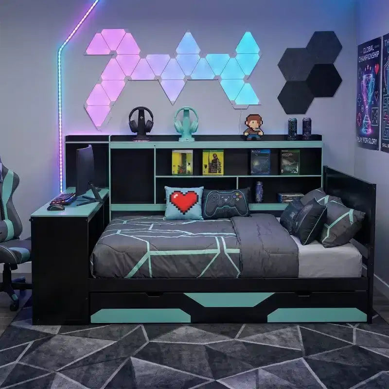 Letto a Giorno Gamer Hub con Scrivania, Luci RGB, Stazione di Ricarica, Cassetti e Testiera Libreria