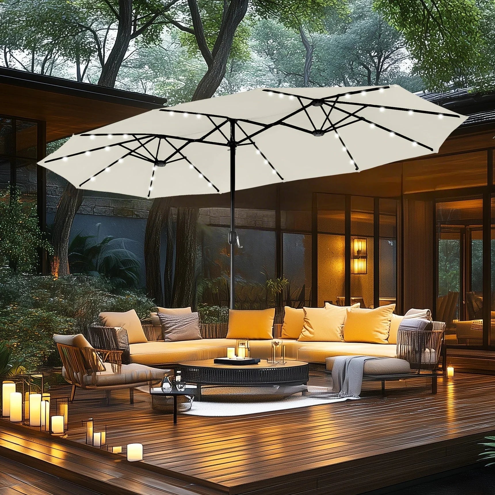 MAISON ARTS Ombrellone rettangolare da esterno a manovella con doppia falda da 4,5 metri, con luci a LED solari e base inclusa