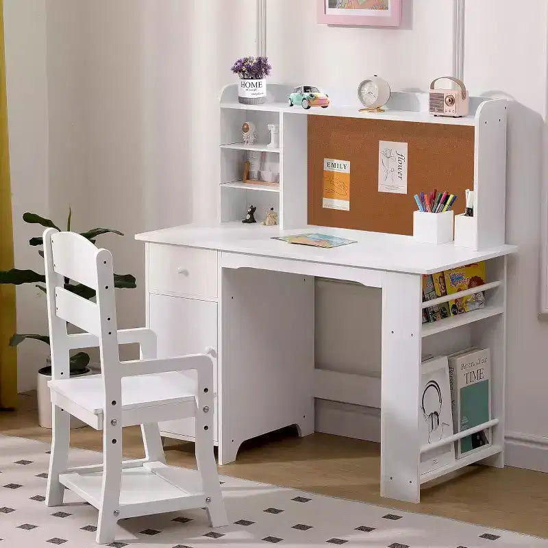 Bureau pour enfants, ensemble bureau et chaise pour garçons et filles, table d'écriture en bois pour enfants avec étagère, tableau d'affichage, armoire et tiroir pour les 3-8 ans