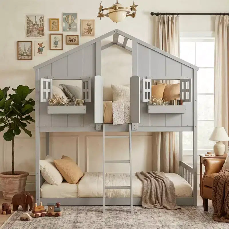 Letto a soppalco a forma di casetta con scaletta e spondine per bambini, in legno, misura singola