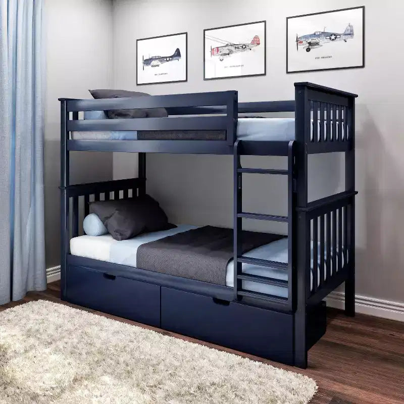 Letto a castello in legno massello singolo su singolo per bambini con cassetti portaoggetti sotto il letto