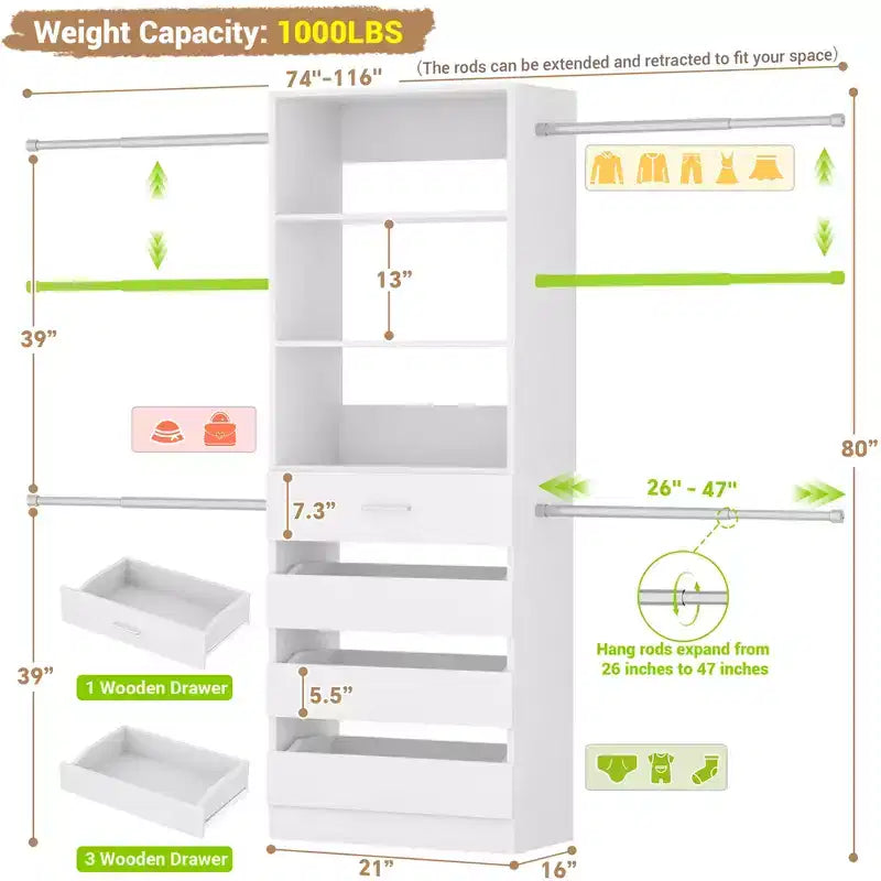 Besiost Sistema Organizer per Armadio in Legno 4-9 piedi con 4 Cassetti, 4 Aste Appendiabiti e Torri Scaffale