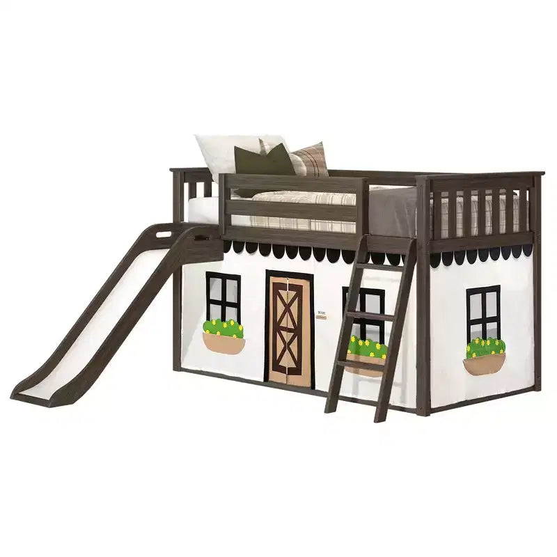 Letto a castello basso con scivolo facile e tenda da fattoria bianca e nera