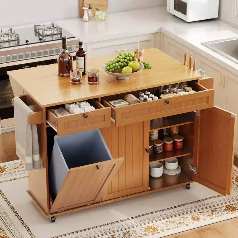Table îlot mobile 55 avec prise de courant et abattant, chariot de cuisine roulant avec poubelle intégrée pour cuisine