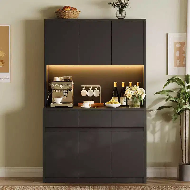 Mobile dispensa da cucina da 71 pollici, mobile dispensa con luci a LED e prese di corrente, mobile buffet con supporto per microonde, ripiani regolabili
