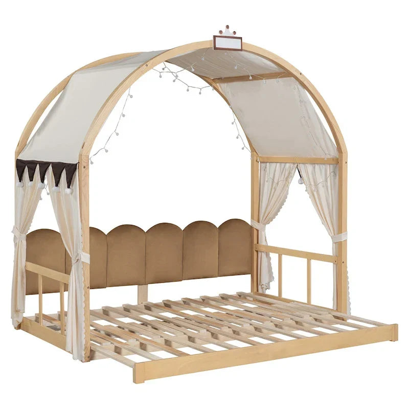 Letto a piattaforma in legno massiccio a forma di casetta, letto Montessori a terra con tetto ad arco e letto estraibile per bambine e bambini
