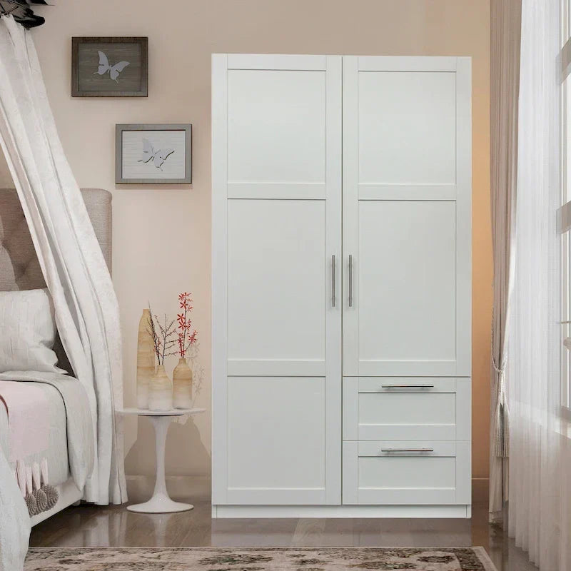 Armadio Guardaroba Bianco in Legno con Ante, Cassetti e Asta Appendiabiti