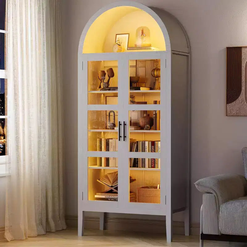 Mobile Contenitore, Nero/Bianco, Stile Arco, Singolo, Alto 71 con Luci a LED e Ante in Vetro
