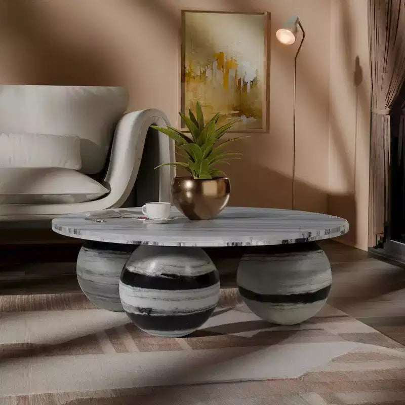 Table basse ronde en marbre avec pieds sphériques, multicolore, 4 places