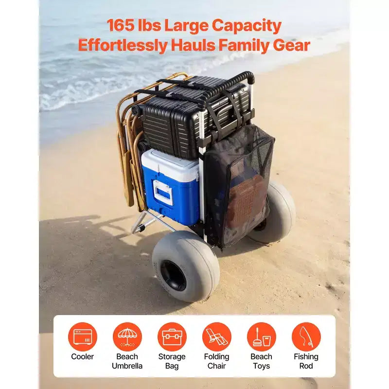 VEVOR Carrello da Spiaggia con Grandi Ruote per Sabbia, Piattaforma di Carico 50,8x38,1 cm, Carrello Pieghevole per Sabbia con Ruote a Palloncino da 30,5 cm, Capacità di Carico 75 kg, Argento+Nero