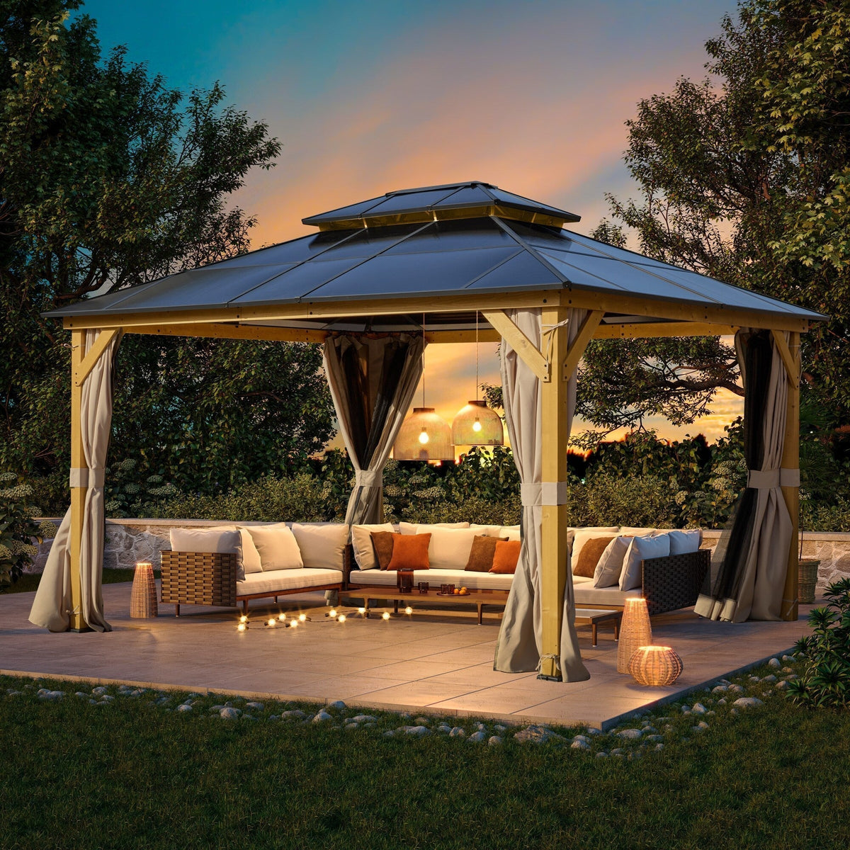 EROMMY Gazebo a tetto rigido, Pergola da esterno con doppio tetto, zanzariere e tende, Tenda da sole resistente per patio, cortile, feste in piscina