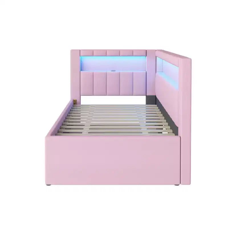 Letto da Giorno Twin/Full con Letto Estraibile e Testiera a Libreria a L, Letto Angolare Imbottito in Lino con Ripiani Portaoggetti e Cinghia a LED