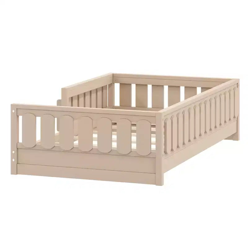 Struttura letto a piattaforma per bambini di dimensioni Twin e Full con sponda di protezione, librerie integrate e ripiani portaoggetti