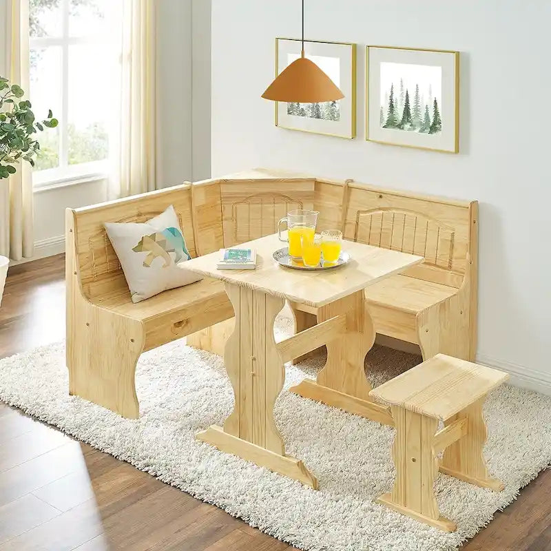 MUSEHOMEINC Set da Pranzo ad Angolo Nook in Stile Tradizionale a 3 Pezzi in Legno Massello con Panca Laterale, Set Tavolo Angolare con Contenitore Nascosto
