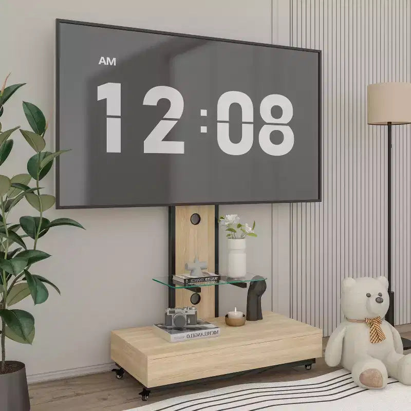 Meuble TV pour téléviseurs de 32 à 75 pouces, Chariot TV mobile à hauteur réglable avec tiroir et roulettes pour salon, chambre, bureaux -ModernLuxe