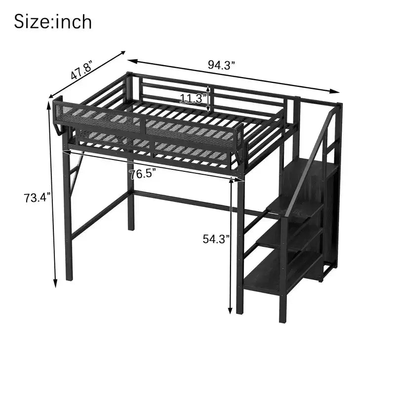 Okak 94IN Letto a soppalco singolo con armadio, letto singolo con ripiani portaoggetti e cestino, telaio letto per camera da letto, dormitorio
