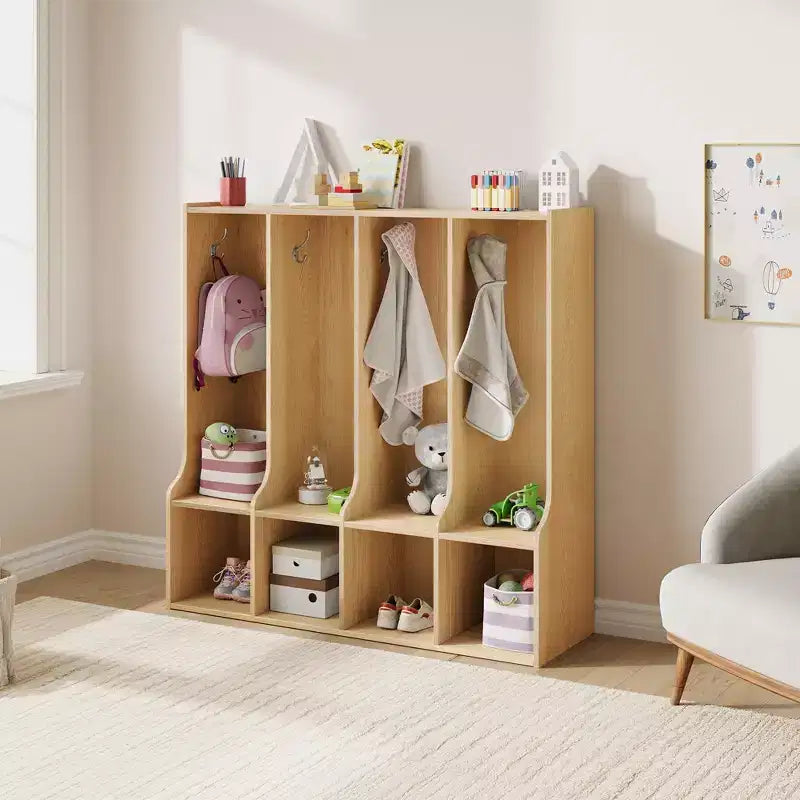 Mobiletto/armadietto a 4 scomparti marrone/bianco con 8 ganci, per bambini