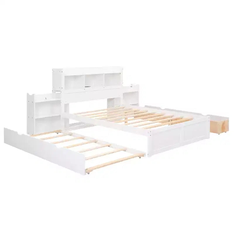 Letto matrimoniale con contenitore, rotelle estraibili, testiera libreria e stazione di ricarica, struttura letto in legno matrimoniale con mensole e cassetti