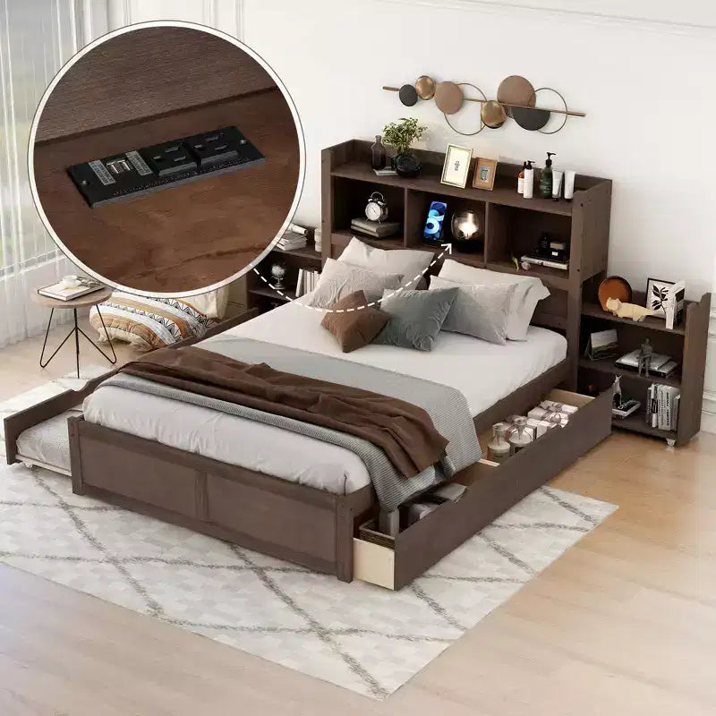 Letto matrimoniale con contenitore, rotelle estraibili, testiera libreria e stazione di ricarica, struttura letto in legno matrimoniale con mensole e cassetti