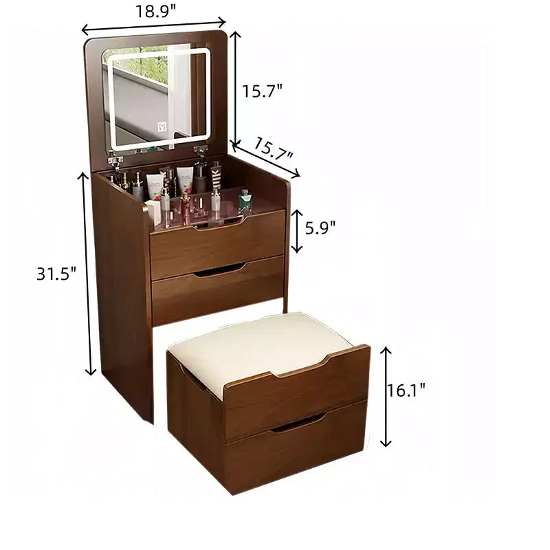 Okak Tavolo da toeletta 3 in 1 con specchio a scomparsa, toeletta compatta con piano in vetro a vista e sgabello imbottito, scrivania da toeletta per camera da letto