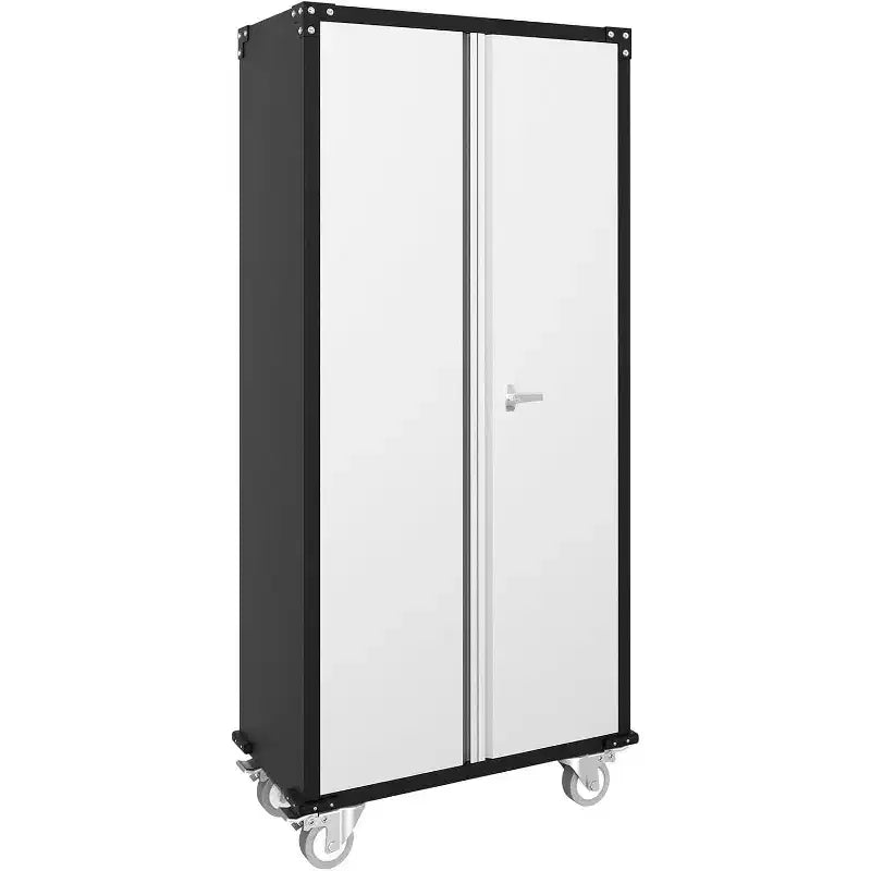 Armadietto portaoggetti da garage con ruote e pannello forato, armadio metallico con serratura alto 183 cm con 2 ante e 4 ripiani regolabili per officina o garage