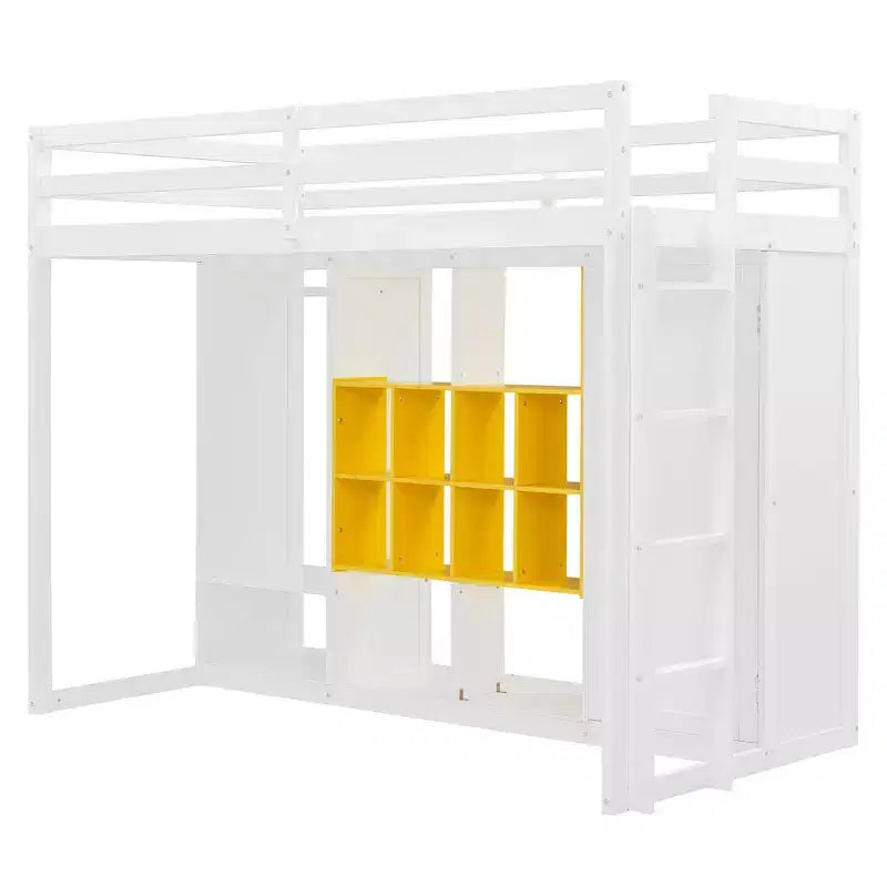 Letto a soppalco per bambini con armadio e mensole, Struttura in legno per letto a soppalco con mobiletto contenitore per bambini e ragazzi