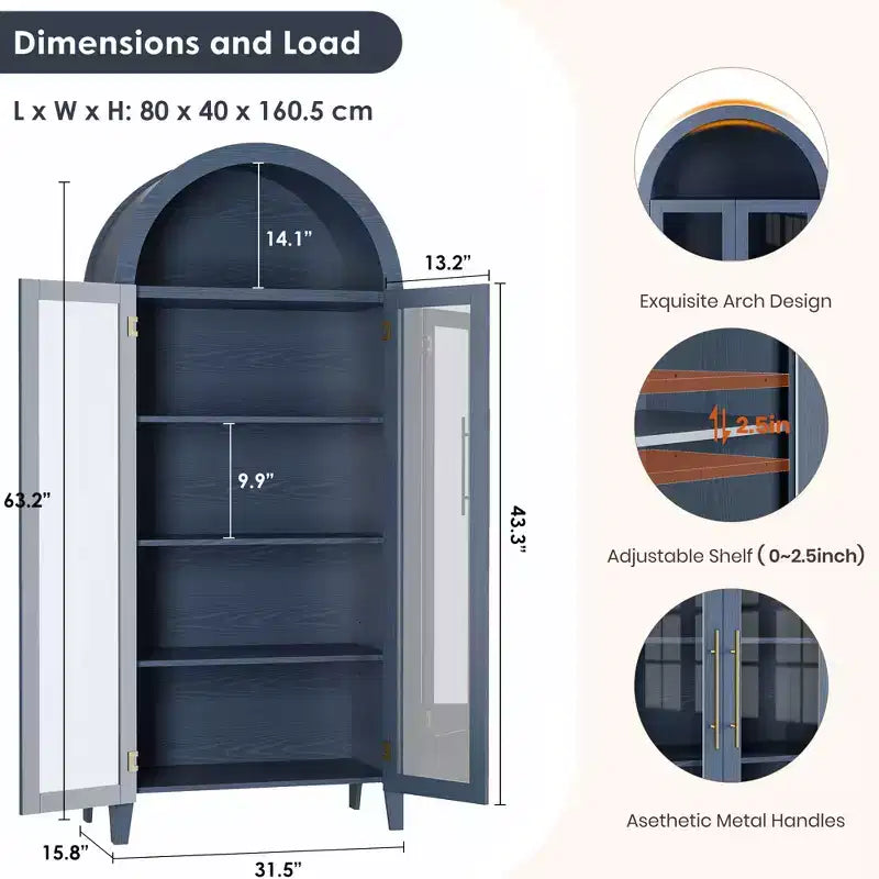 Mobile Contenitore Alto Ad Arco con Ante in Vetro, Libreria Espositiva a 5 Ripiani con Mensole Regolabili per Cucina o Soggiorno
