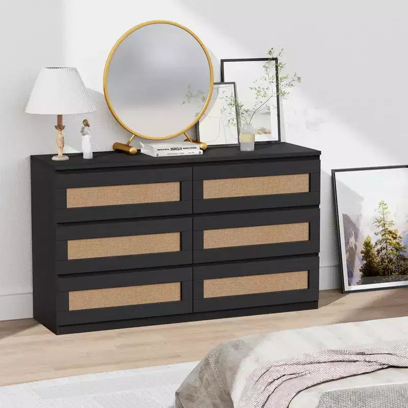 Cassettiera in Rattan per Camera da Letto con 6 Cassetti, Comò Largo Moderno in Stile Fattoria da 120 cm, Mobile Contenitore in Legno per Armadio, Soggiorno, Corridoio
